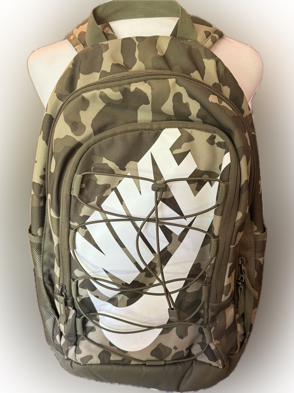 Nike Camo Backpack with White Logo and Olive Accents